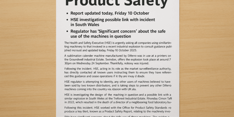 HSE warns of safety risks after Swindon explosion linked to printing machines