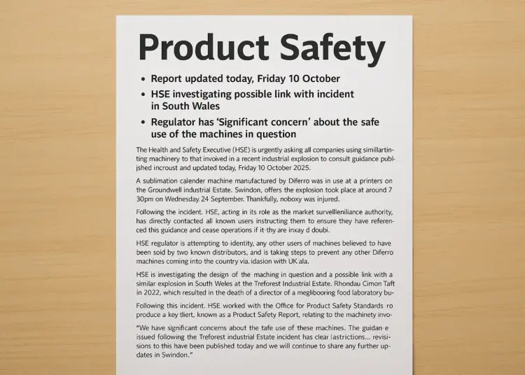 HSE warns of safety risks after Swindon explosion linked to printing machines