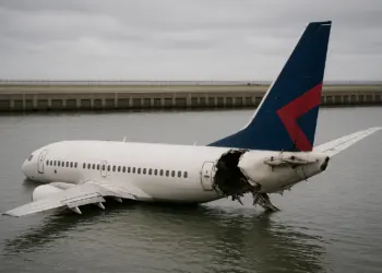 Plane partially submerged near airport after tail section breaks off