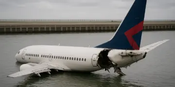 Plane partially submerged near airport after tail section breaks off