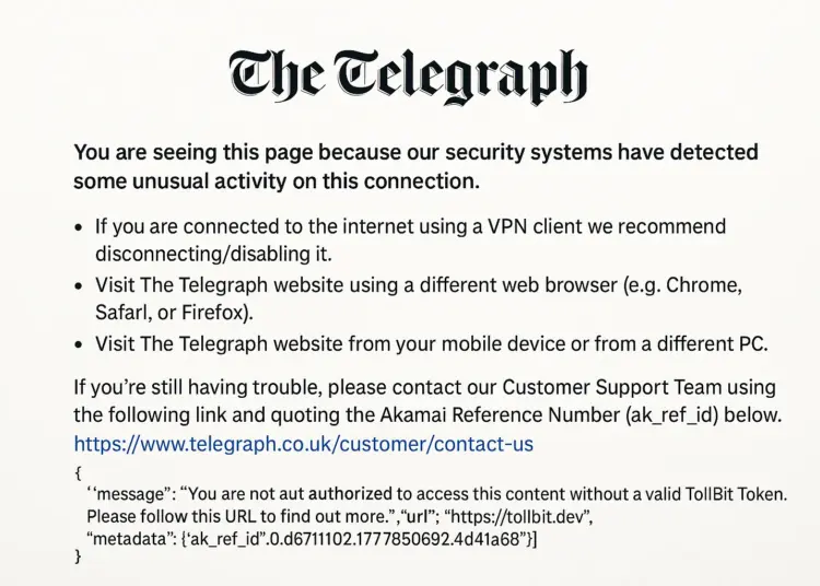 Security measures block access to The Telegraph website